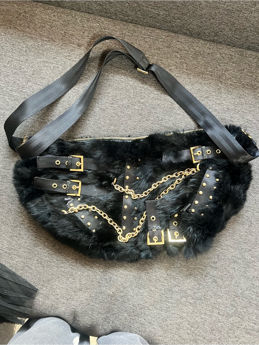 BCBGirls Black Faux Fur Shoulder Bag with Gold Hardware
